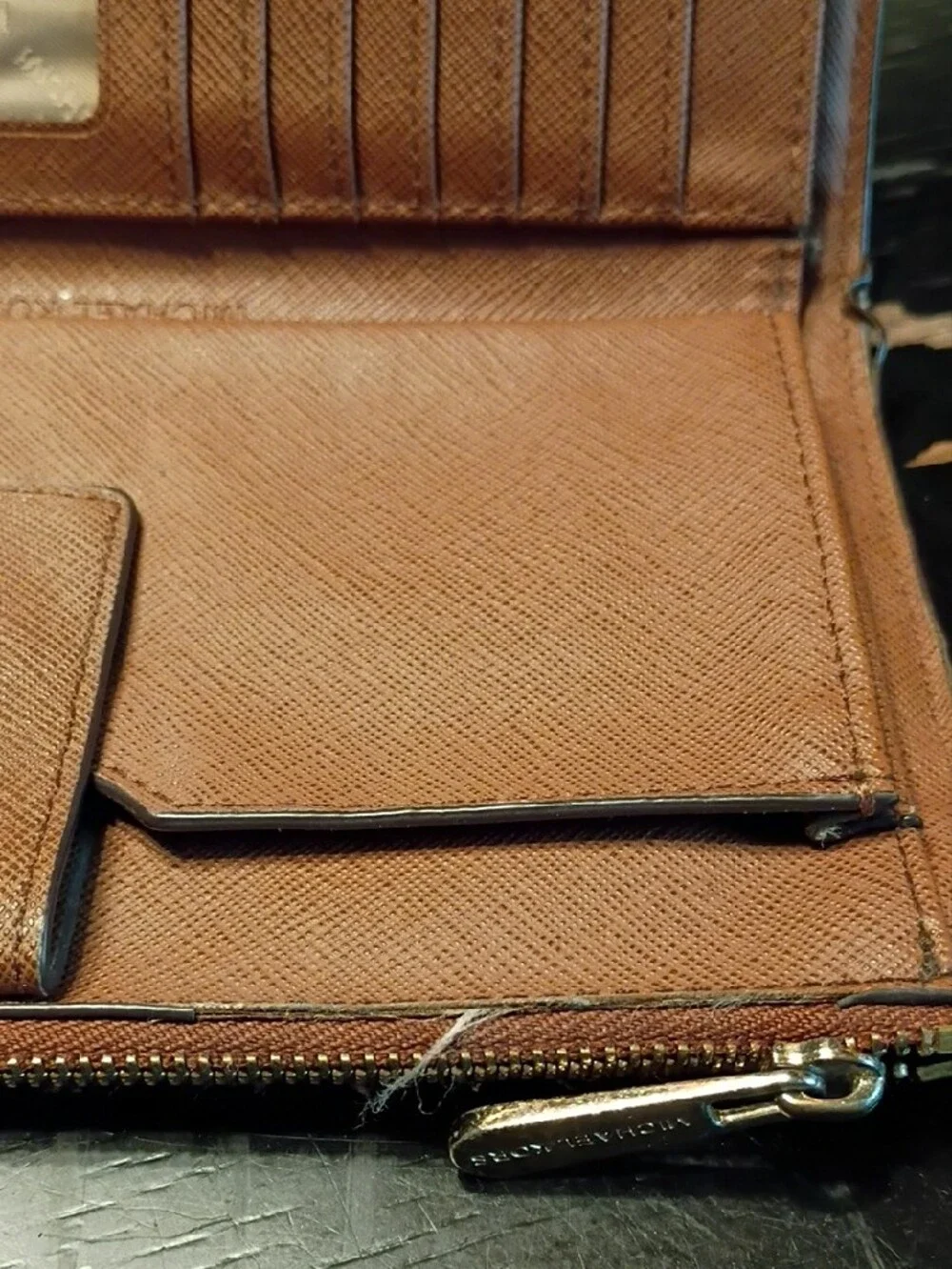 Michael Kors Saffiano Zip Wallet in Cognac Brown with Gold Logo